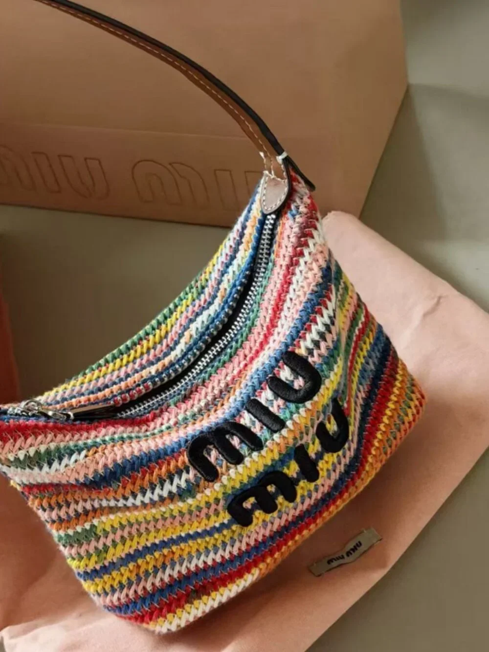 Miu Miu Multicolor Striped Crochet Raffia Mini Shoulder Bag